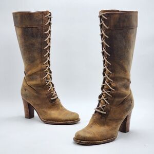 Frye Villager Leather Lace Tall Lace Up Distressed Tan Heeled Boots Size 8